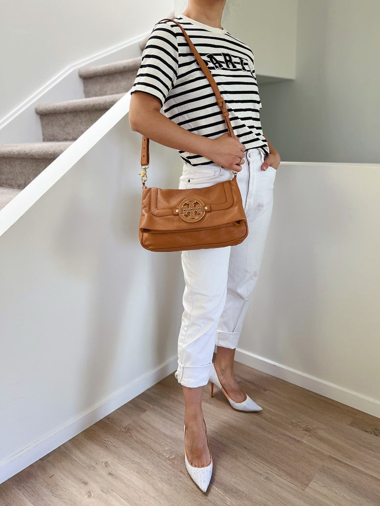 Tory Burch Caramel Leather Front Logo Crossbody Shoulder Bag