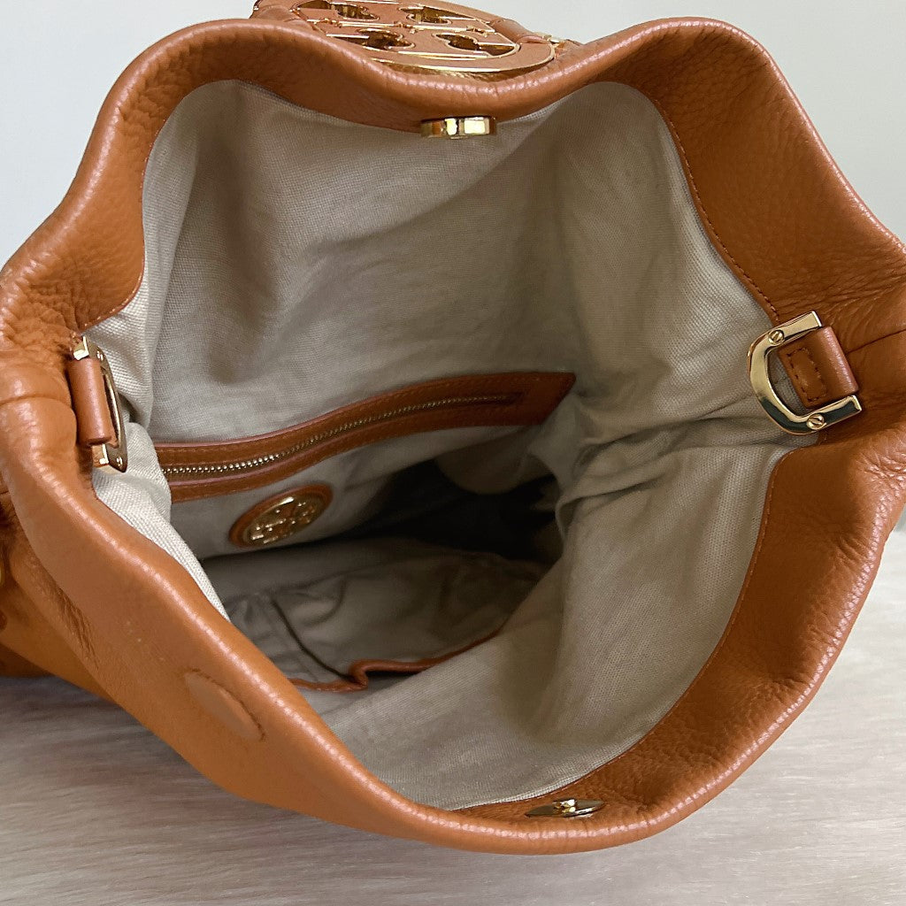 Tory Burch Caramel Leather Front Logo Crossbody Shoulder Bag