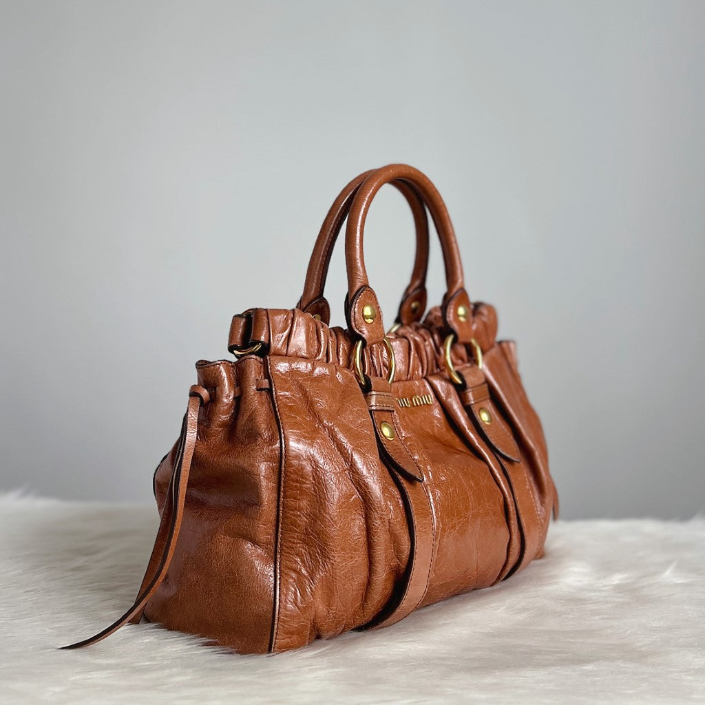 Miu Miu Caramel Leather Signature Vitello 2 Way Shoulder Bag