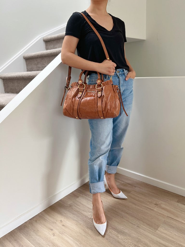 Miu Miu Caramel Leather Signature Vitello 2 Way Shoulder Bag