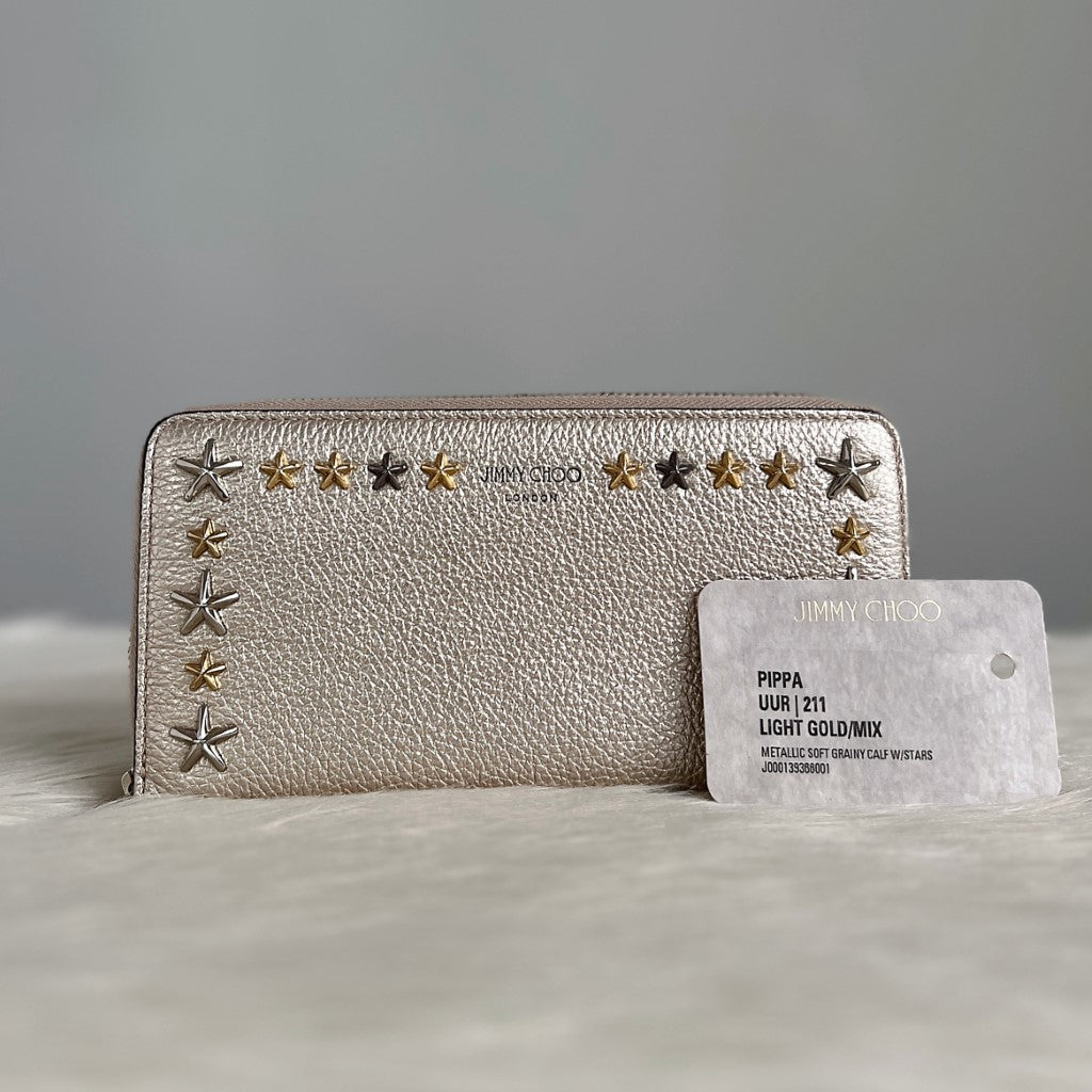 Jimmy Choo Light Gold Leather Star Studs Zip Compartment Long Wallet Excellent