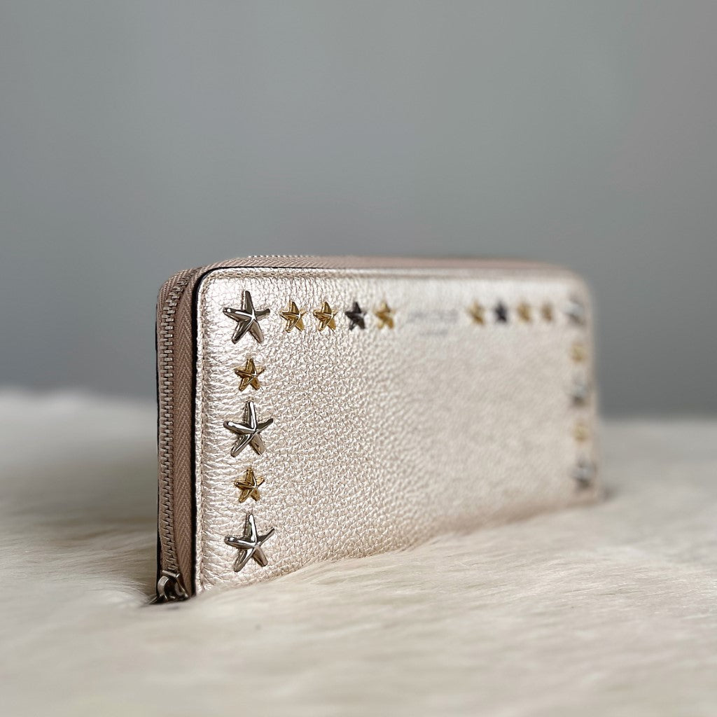 Jimmy Choo Light Gold Leather Star Studs Zip Compartment Long Wallet Excellent