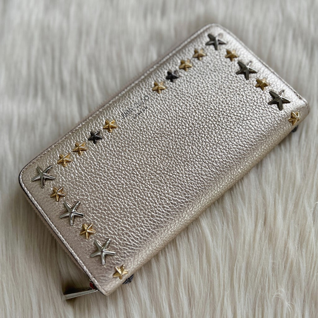 Jimmy Choo Light Gold Leather Star Studs Zip Compartment Long Wallet Excellent