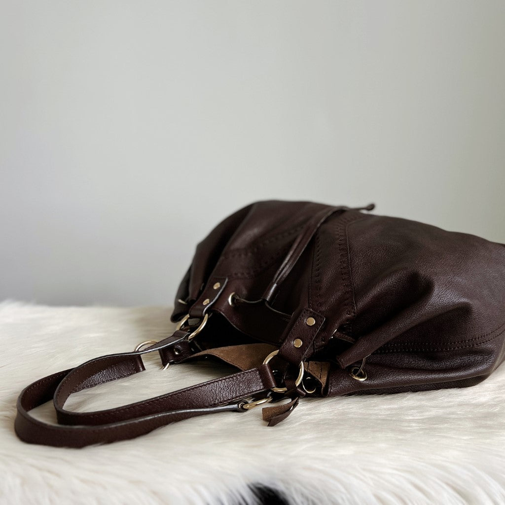 Saint Laurent YSL Chocolate Leather Signature Y Drawstring Shoulder Bag
