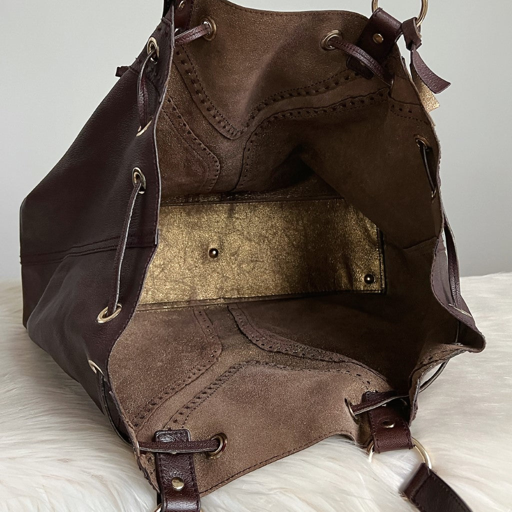 Saint Laurent YSL Chocolate Leather Signature Y Drawstring Shoulder Bag