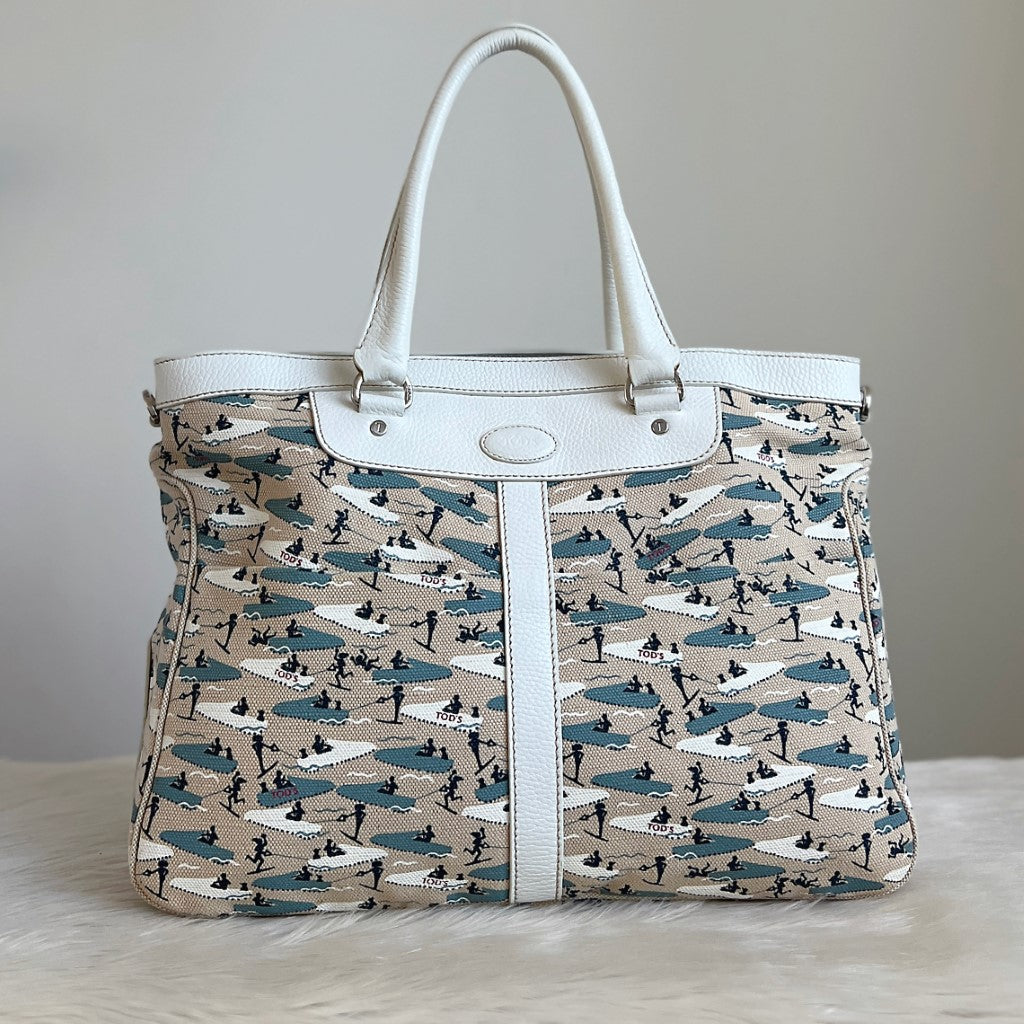 Tod's White Leather Sailing Pattern Large Holiday Shoulder Bag