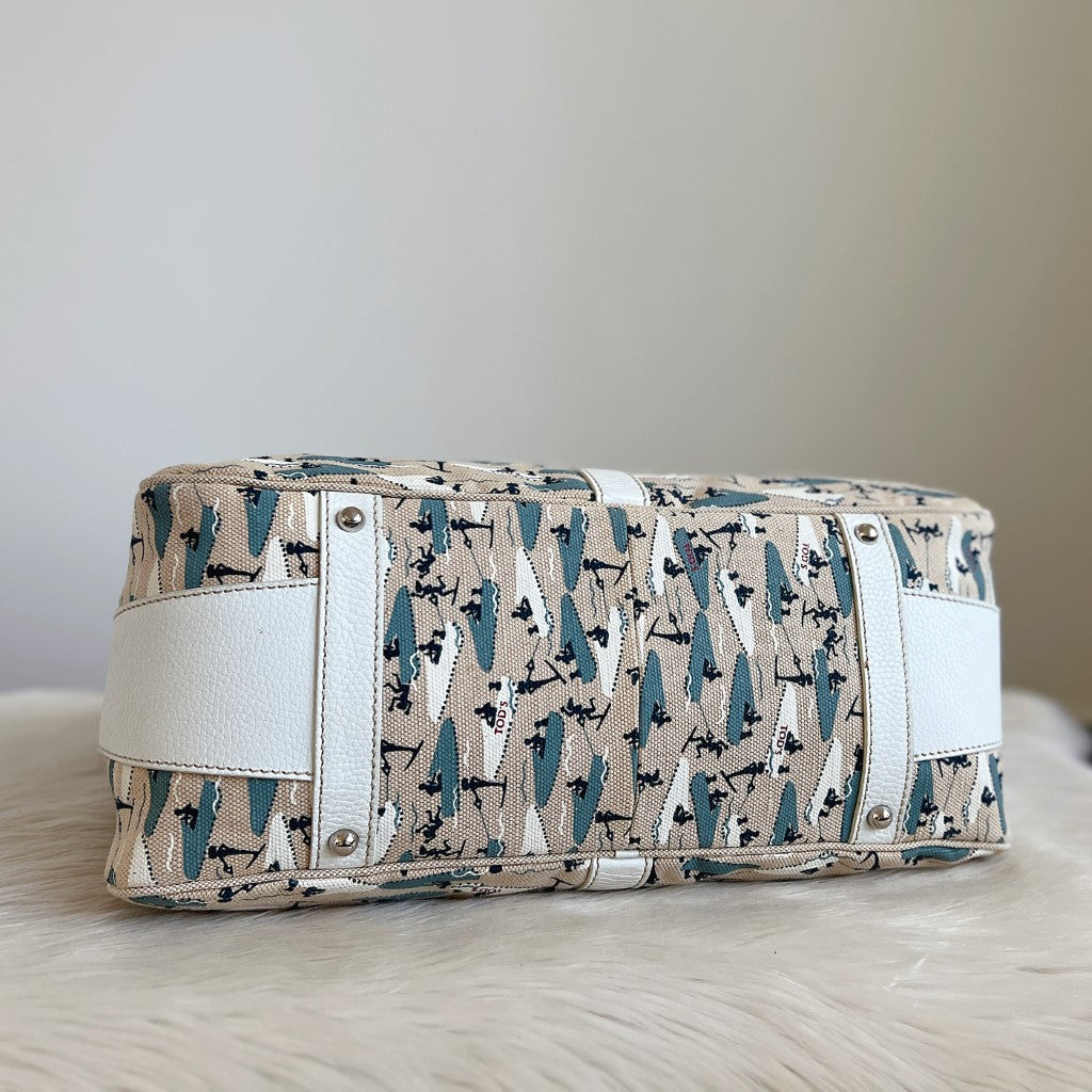 Tod's White Leather Sailing Pattern Large Holiday Shoulder Bag