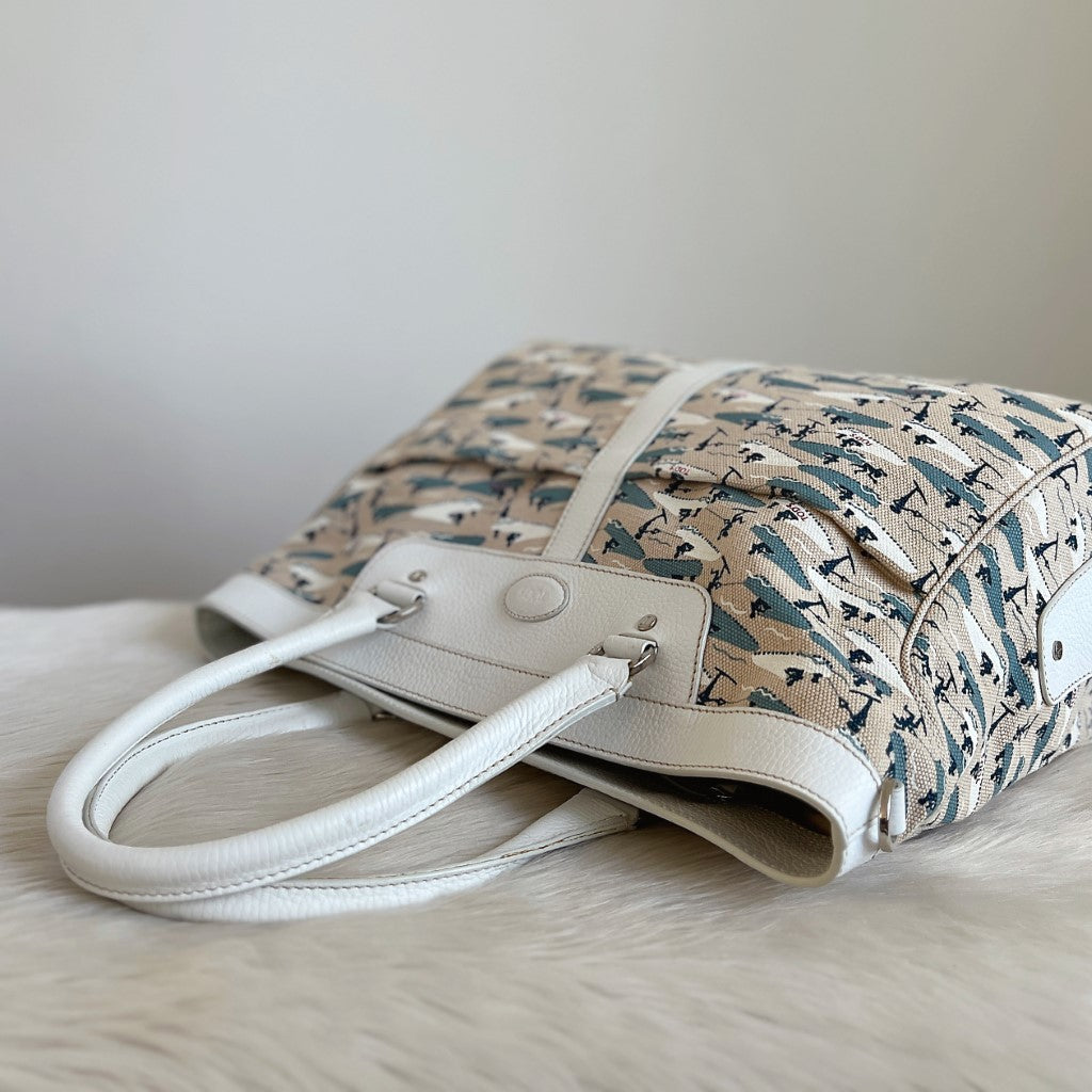 Tod's White Leather Sailing Pattern Large Holiday Shoulder Bag