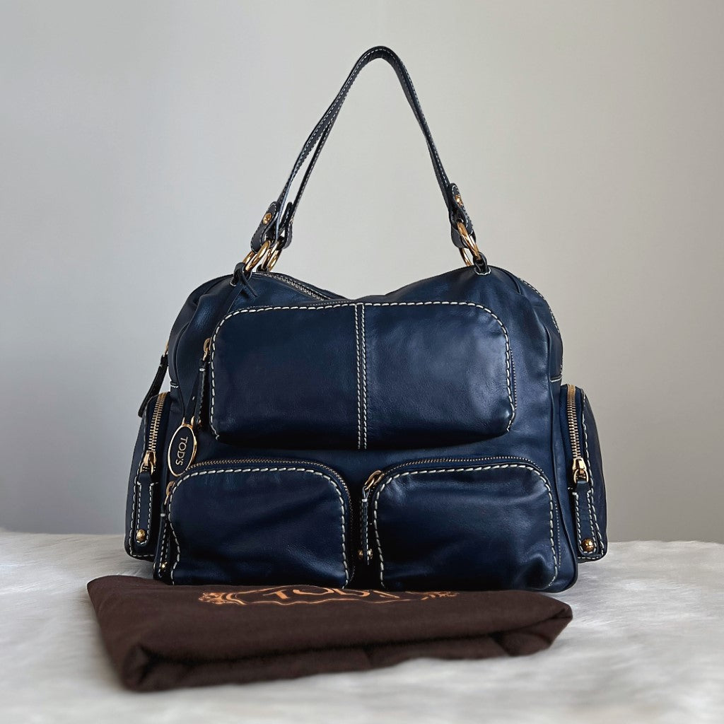 Tod's Navy Leather Iconic Multi Pocket Shoulder Bag Excellent