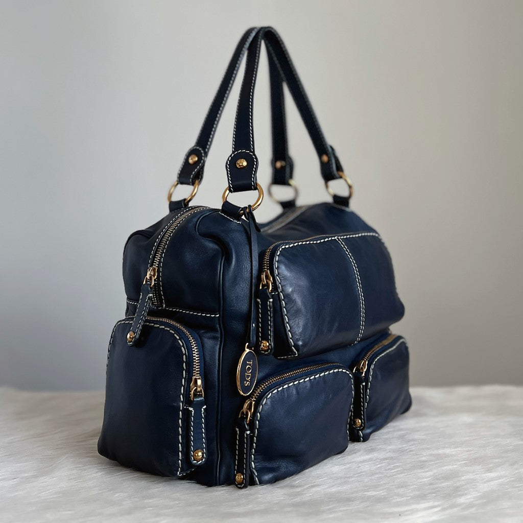 Tod's Navy Leather Iconic Multi Pocket Shoulder Bag Excellent