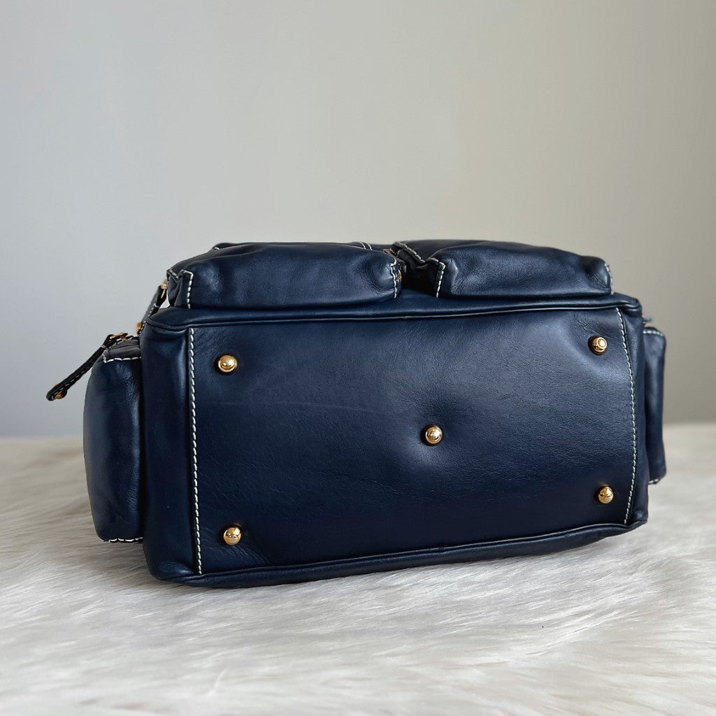 Tod's Navy Leather Iconic Multi Pocket Shoulder Bag Excellent