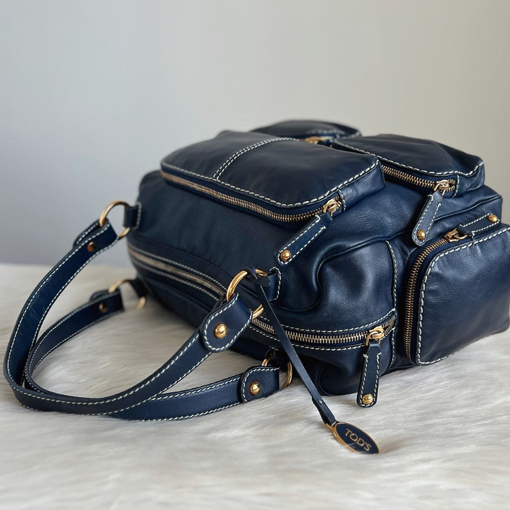 Tod's Navy Leather Iconic Multi Pocket Shoulder Bag Excellent