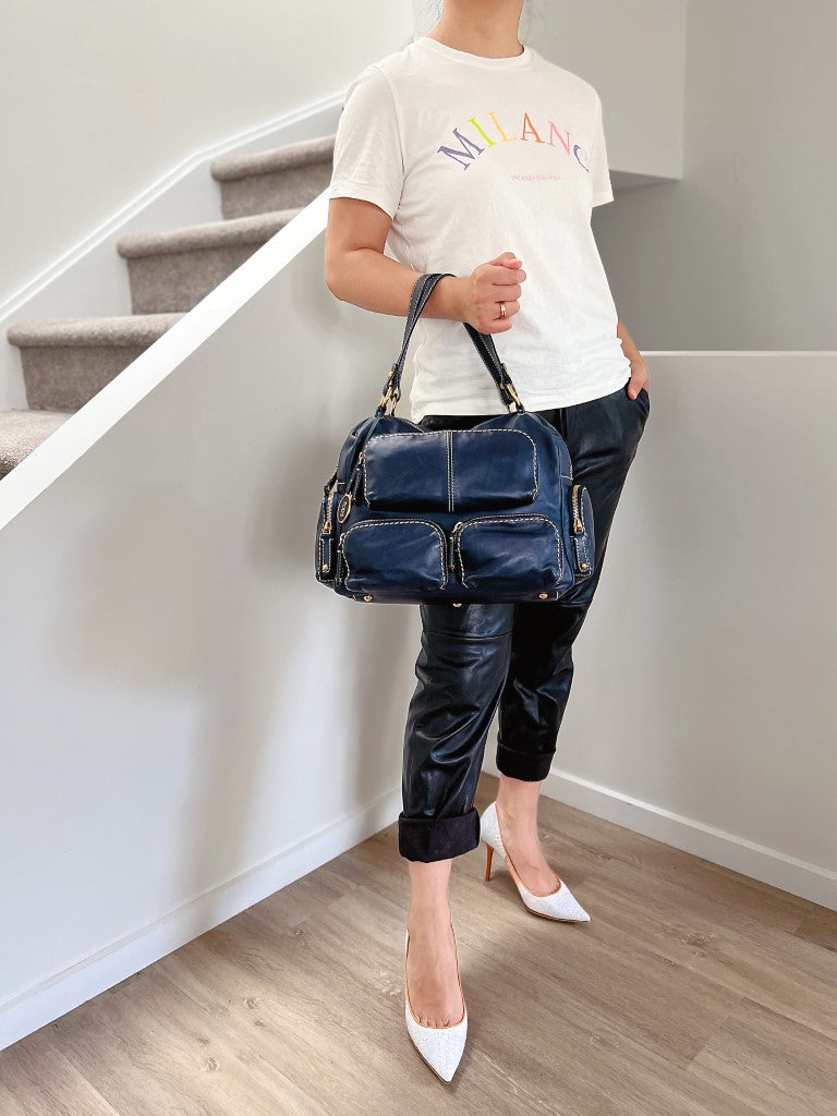 Tod's Navy Leather Iconic Multi Pocket Shoulder Bag Excellent