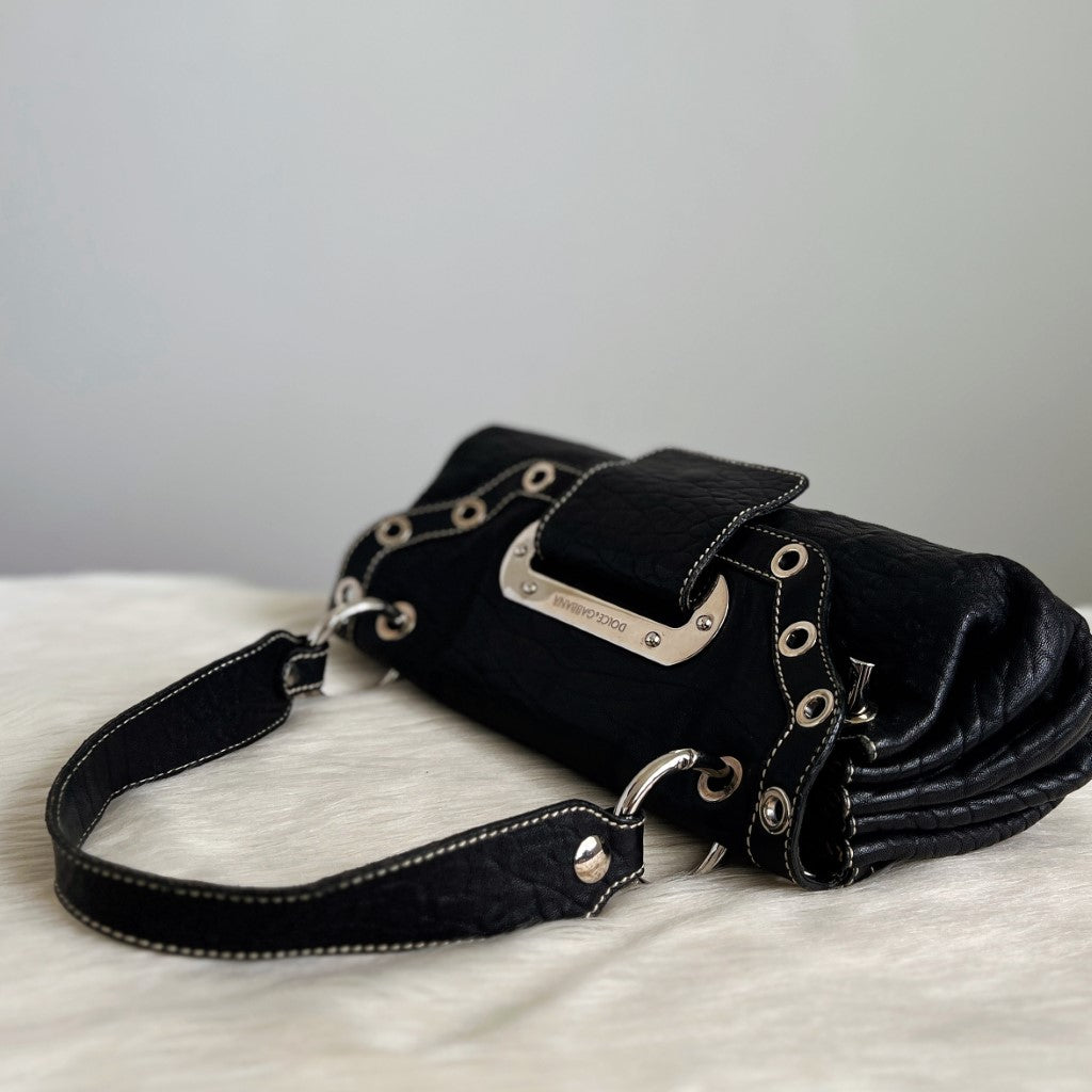 Dolce & Gabbana D&G Black Leather Front Detail Small Shoulder Bag