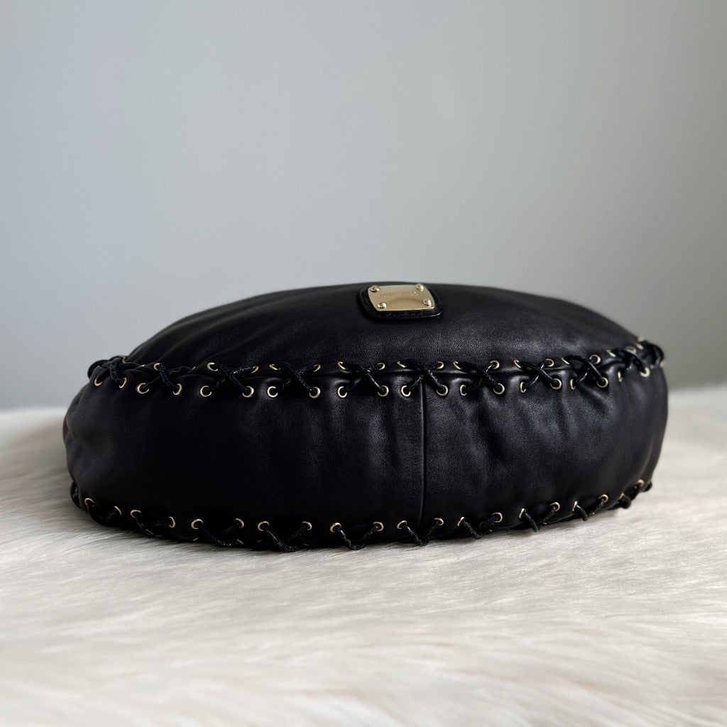 Jimmy Choo Black Leather Pleated Edge Detail Hobo Shoulder Bag Excellent