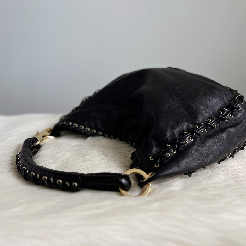 Jimmy Choo Black Leather Pleated Edge Detail Hobo Shoulder Bag Excellent