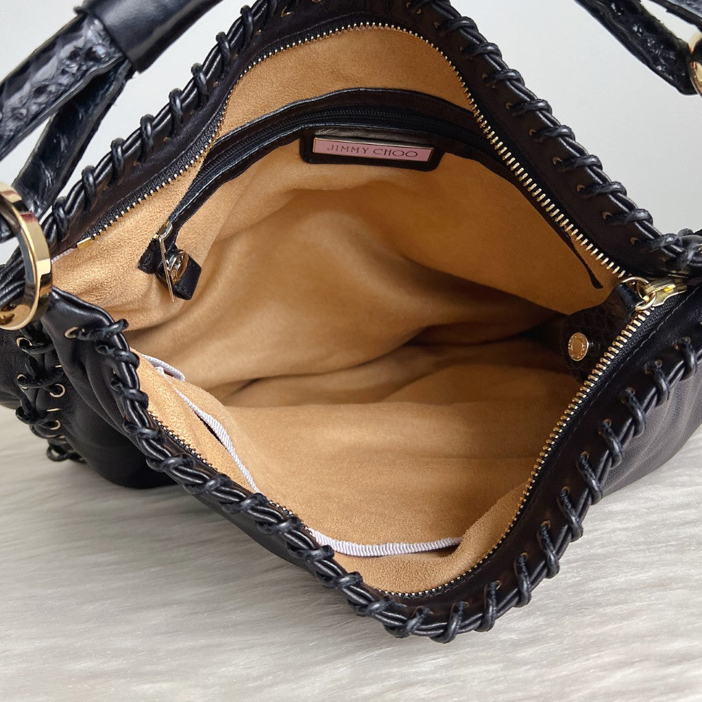 Jimmy Choo Black Leather Pleated Edge Detail Hobo Shoulder Bag Excellent