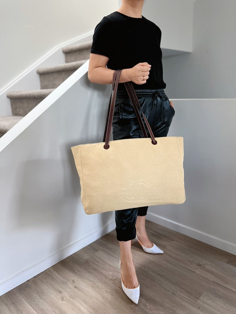 Chanel Brown Leather Strap Front Logo Summer Oversized Shoulder Bag