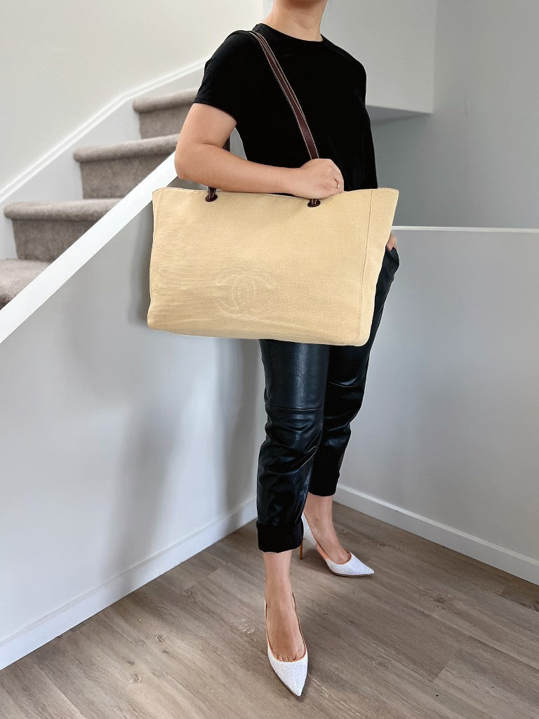 Chanel Brown Leather Strap Front Logo Summer Oversized Shoulder Bag