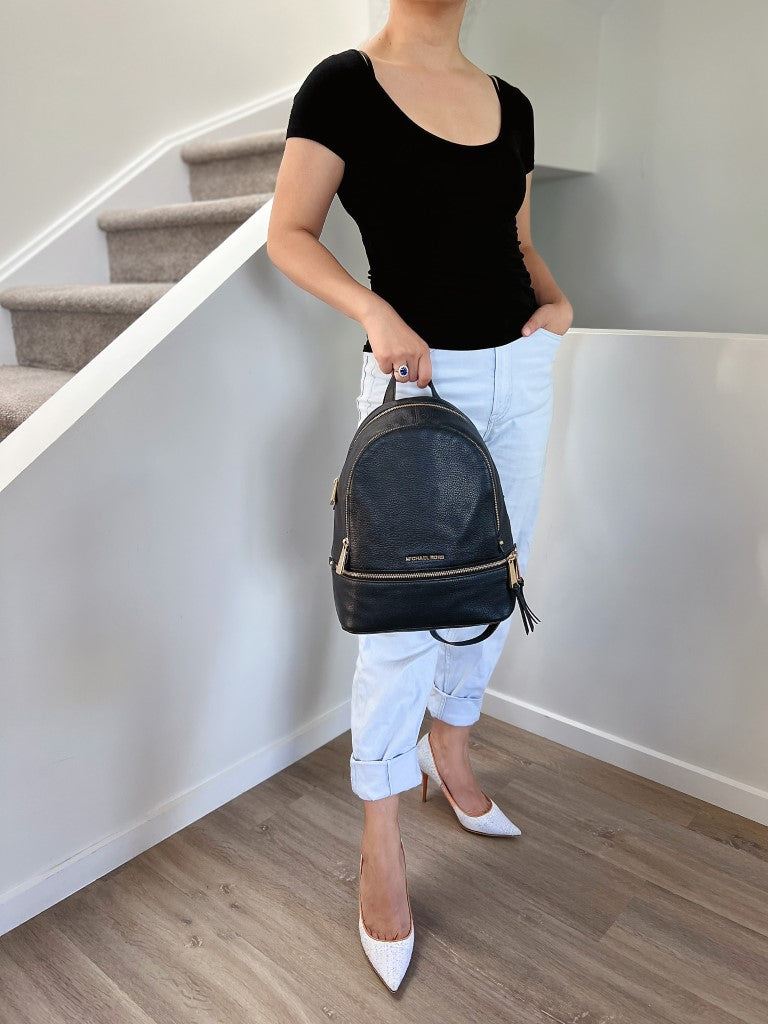 Michael Kors Black Leather Front Zip Pocket Backpack Like New
