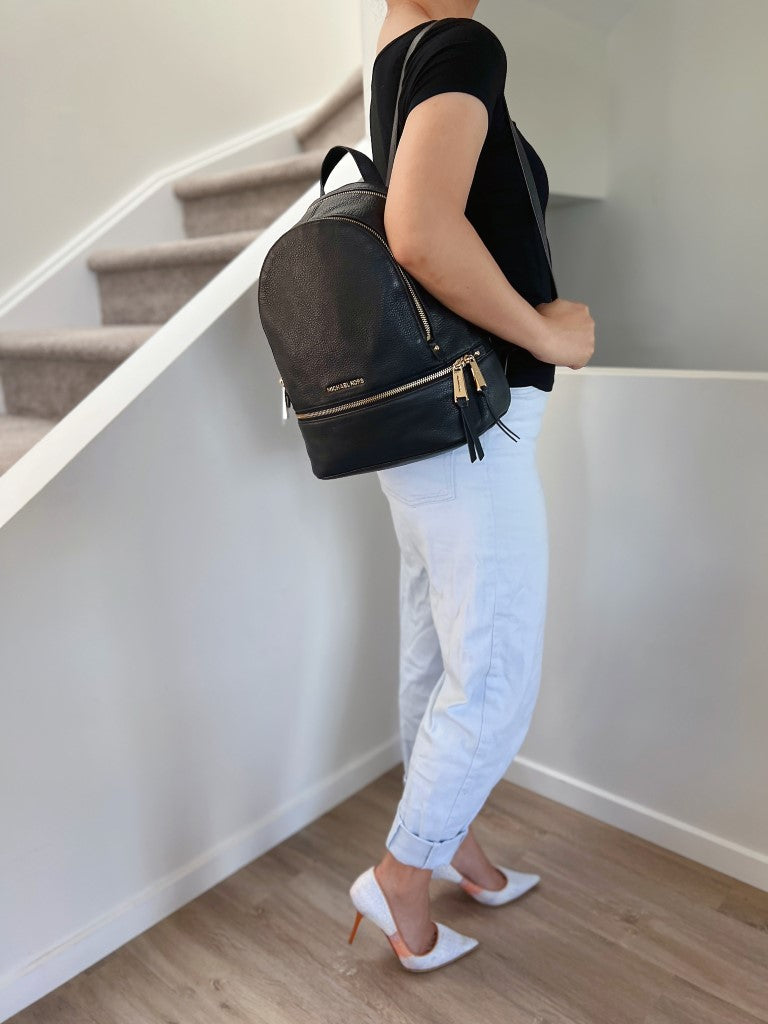 Michael Kors Black Leather Front Zip Pocket Backpack Like New