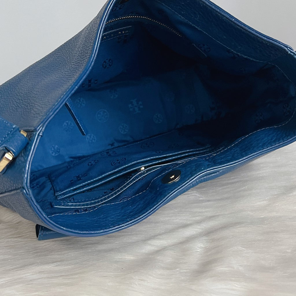 Tory Burch Blue Leather Slouchy Front Logo Shoulder Bag Like New