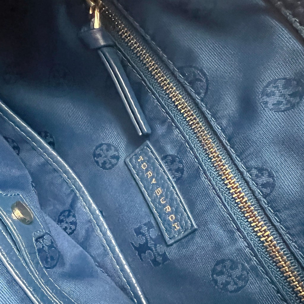 Tory Burch Blue Leather Slouchy Front Logo Shoulder Bag Like New