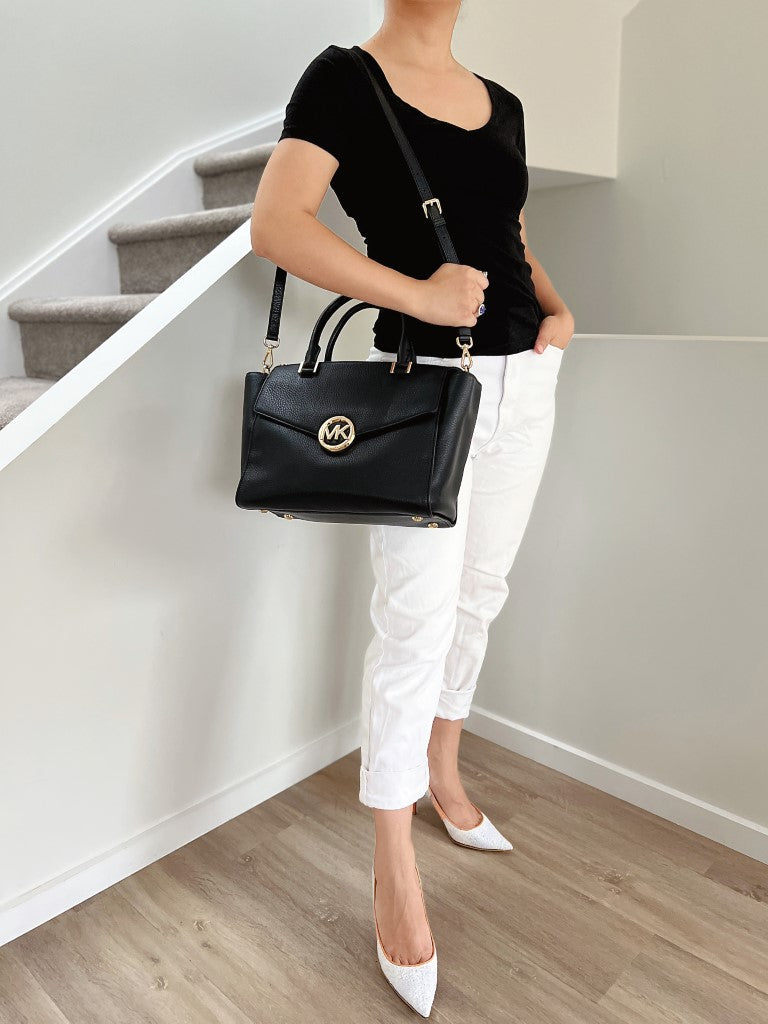 Michael Kors Black Leather Career MK Logo 2 Way Shoulder Bag Excellent