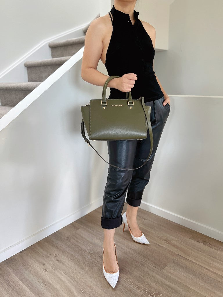 Michael Kors Olive Leather Front Logo Career 2 Way Shoulder Bag Like New