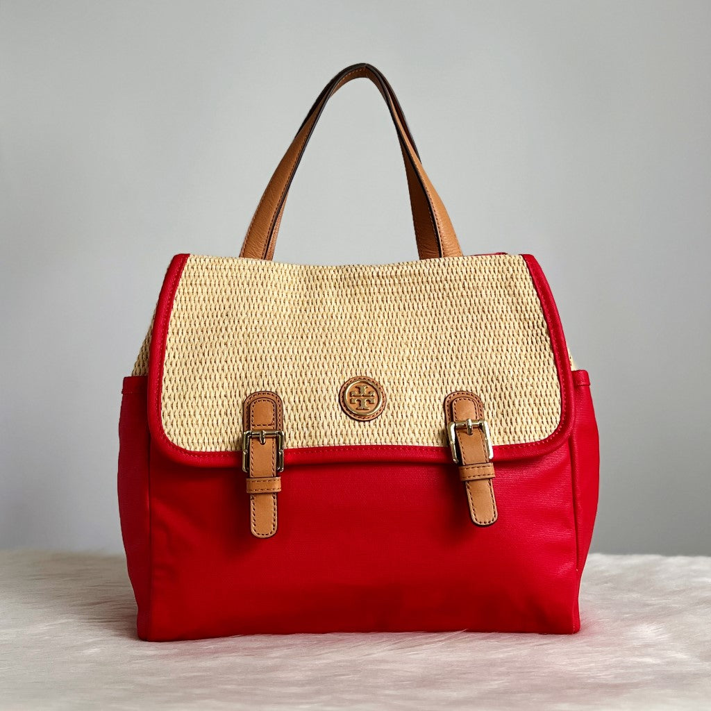 Tory Burch Straw Flap Double Buckle Shoulder Bag Excellent