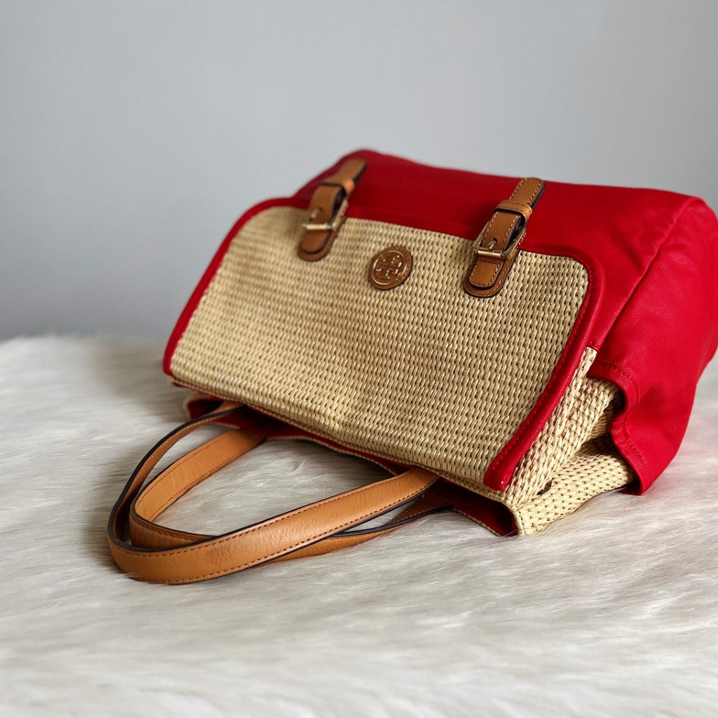 Tory Burch Straw Flap Double Buckle Shoulder Bag Excellent