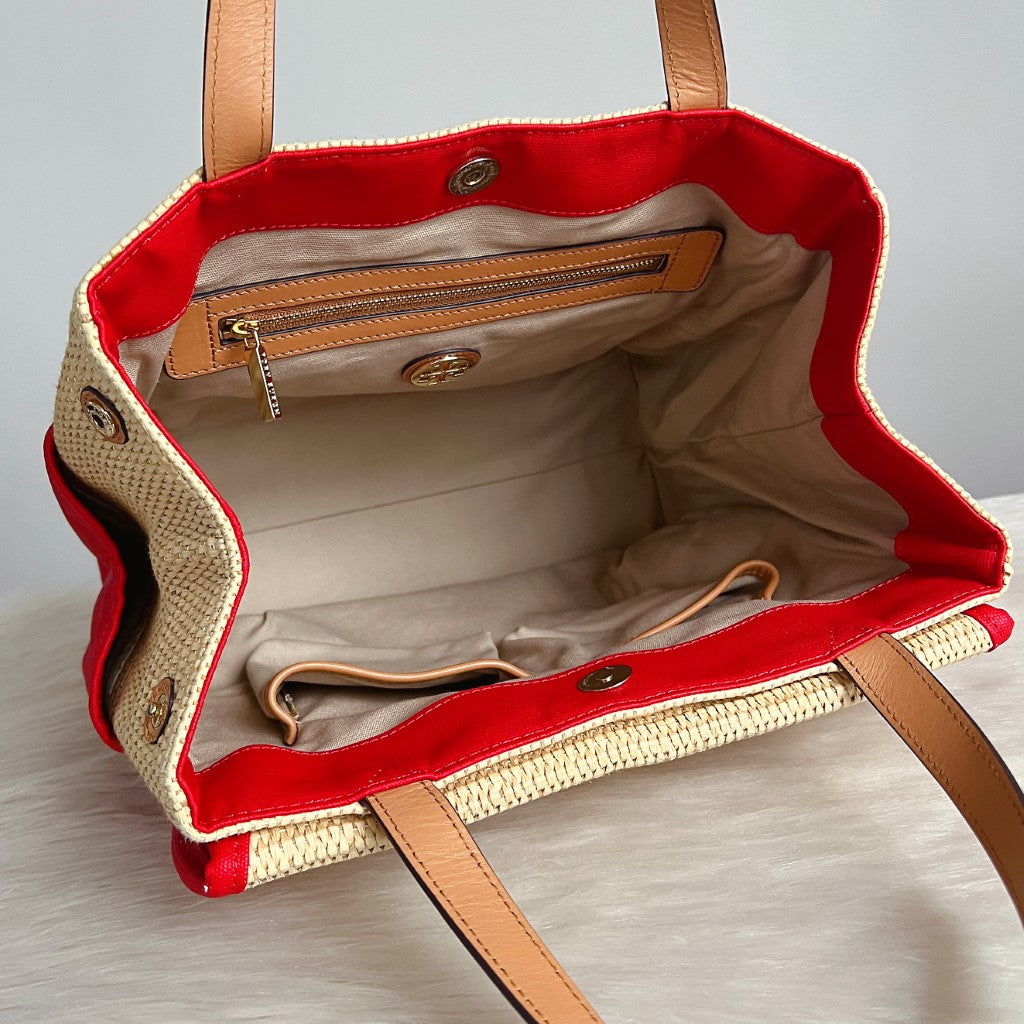 Tory Burch Straw Flap Double Buckle Shoulder Bag Excellent