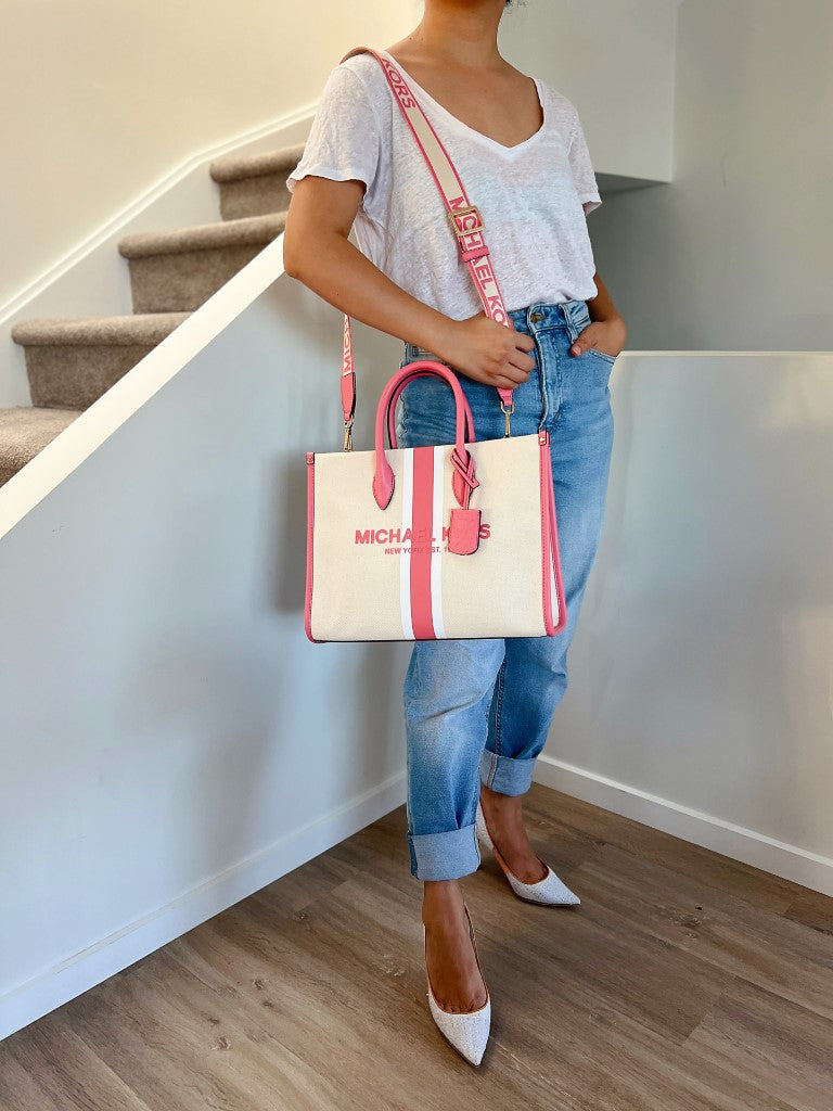 Michael Kors Pink Leather Trim Large Book Tote 2 Way Shoulder Bag Like New