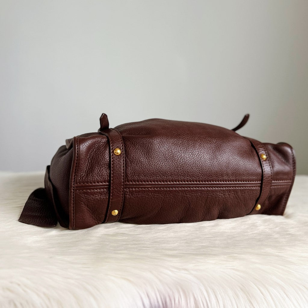 Miu Miu Chocolate Leather Side Bow Detail Front Logo Shoulder Bag