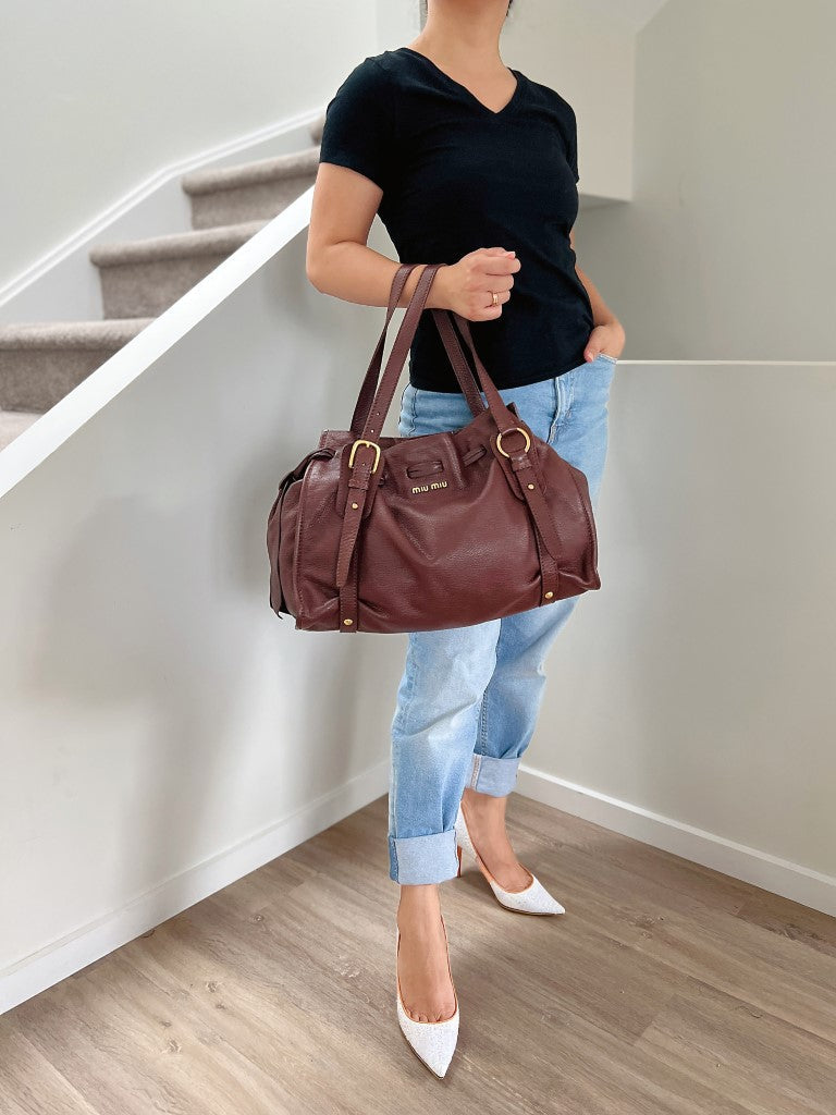Miu Miu Chocolate Leather Side Bow Detail Front Logo Shoulder Bag