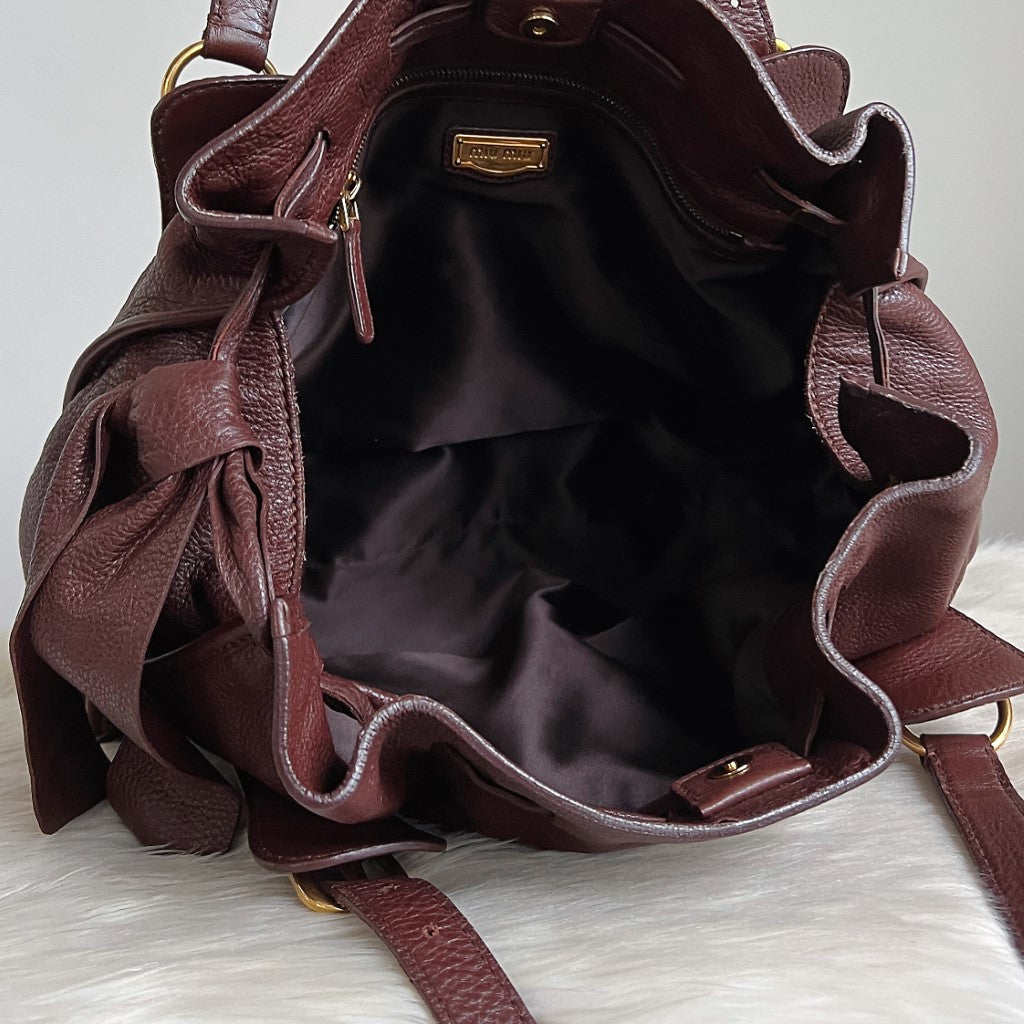 Miu Miu Chocolate Leather Side Bow Detail Front Logo Shoulder Bag