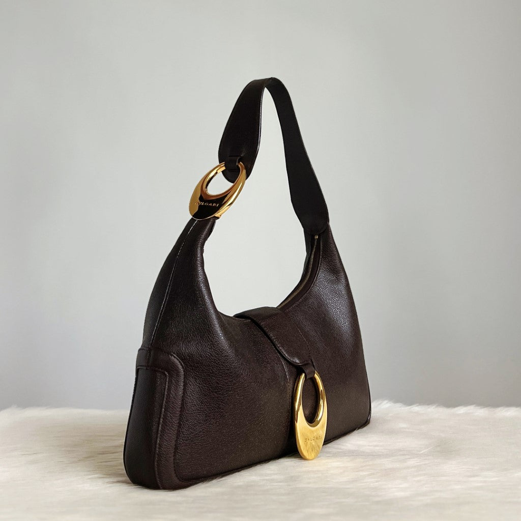 Bvlgari Chocolate Leather Front Ring Classic Shoulder Bag