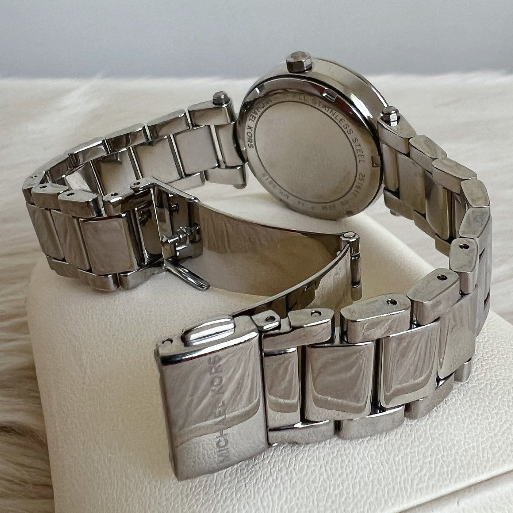 Michael Kors Silver Parker Crystal Day Date Women's Wrist Watch Like New