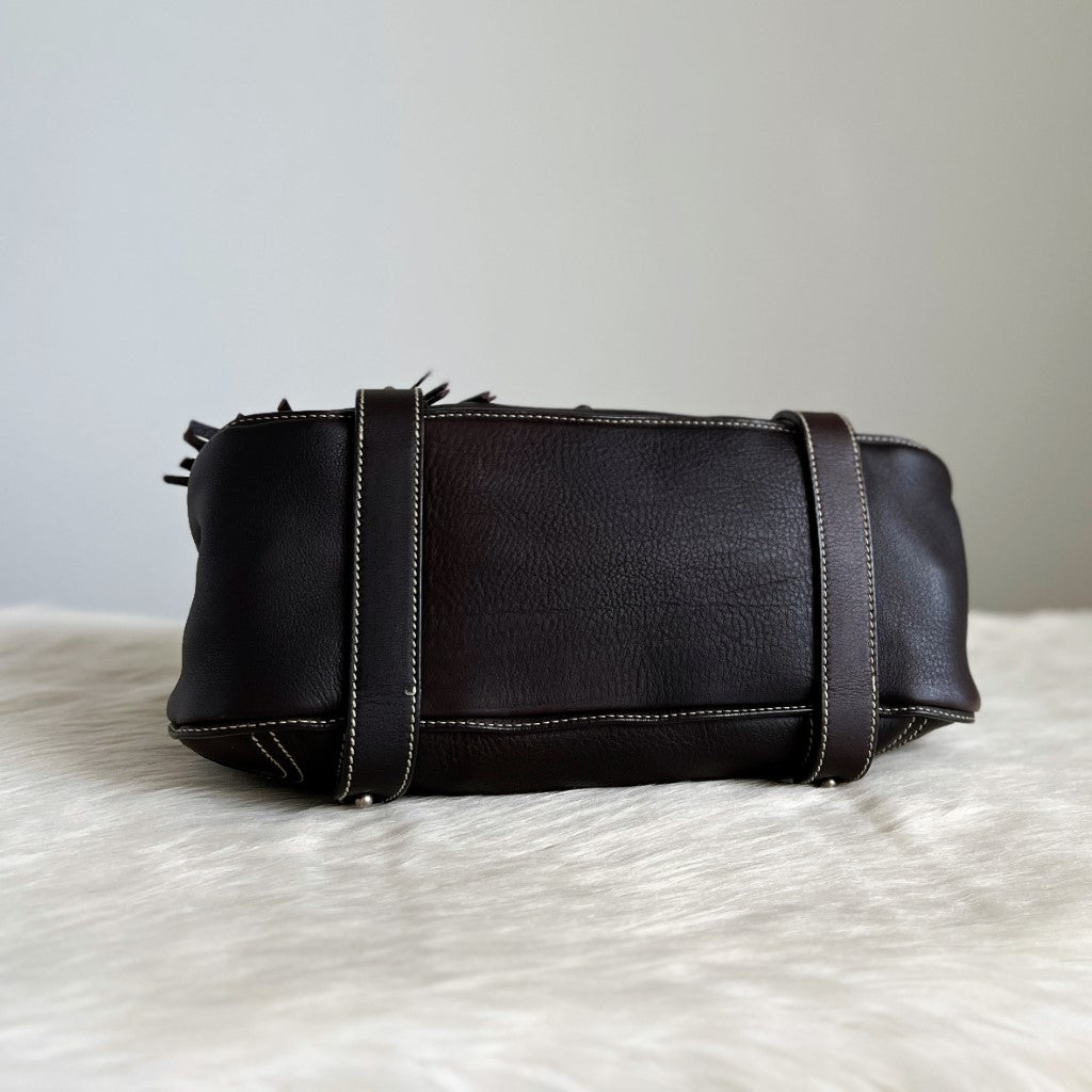 Bally Dark Chocolate Leather Tassel Charm Shoulder Bag Excellent