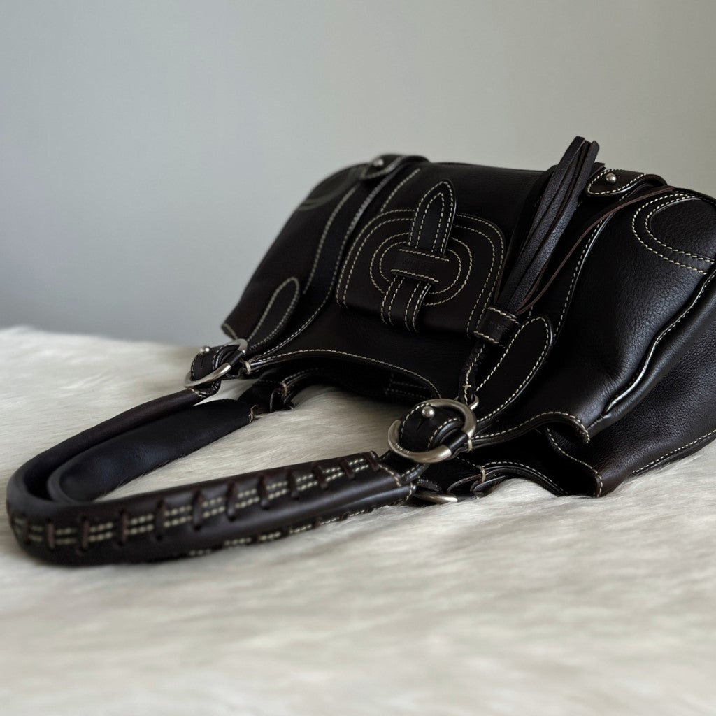Bally Dark Chocolate Leather Tassel Charm Shoulder Bag Excellent
