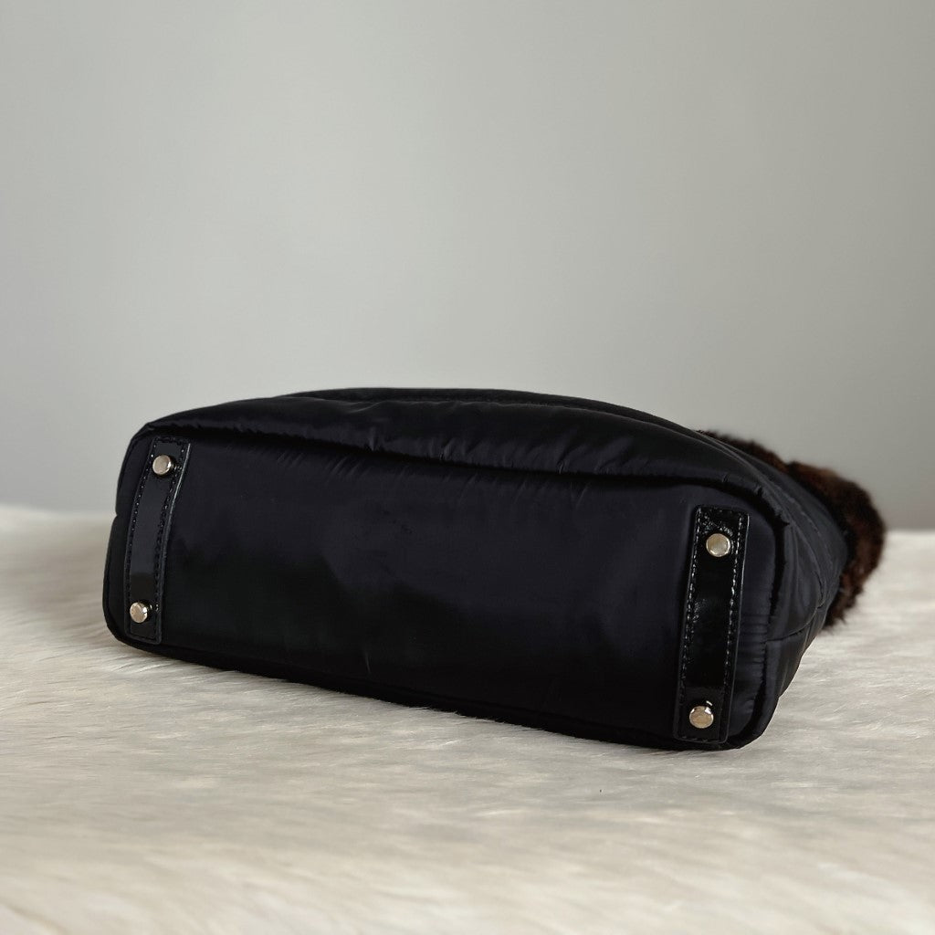 Kate Spade Black Faux Fur Top Triple Compartment Tote Bag
