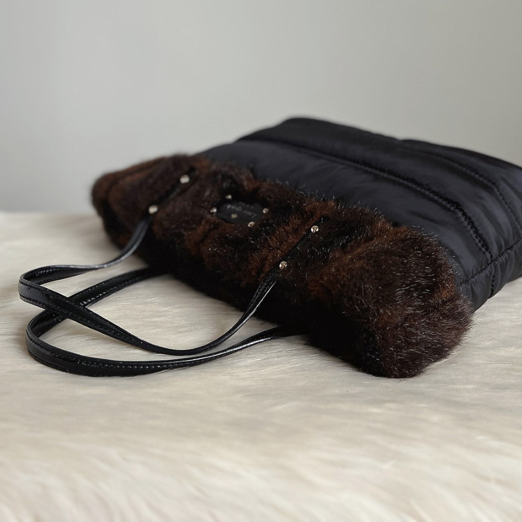 Kate Spade Black Faux Fur Top Triple Compartment Tote Bag
