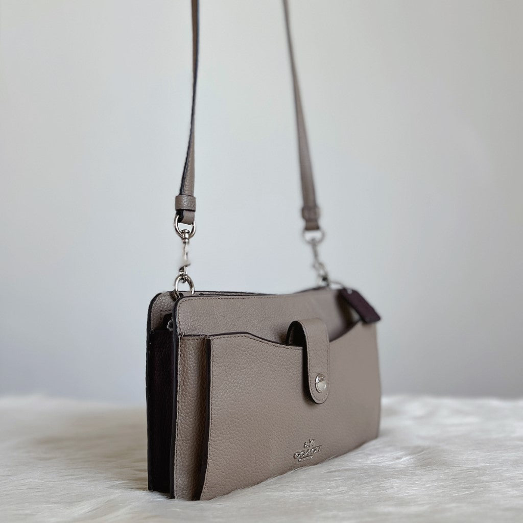 Coach Taupe Leather Turn Lock Detail Crossbody Shoulder Bag