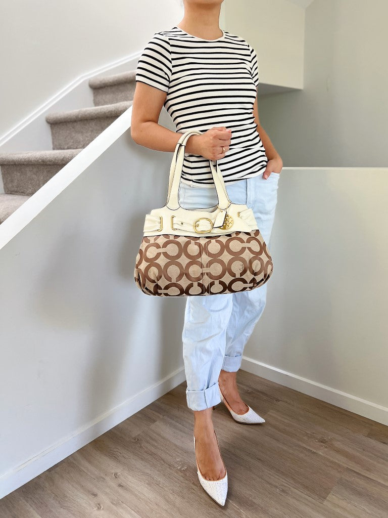 Coach Monogram Patchwork Buckle Detail Shoulder Bag Excellent
