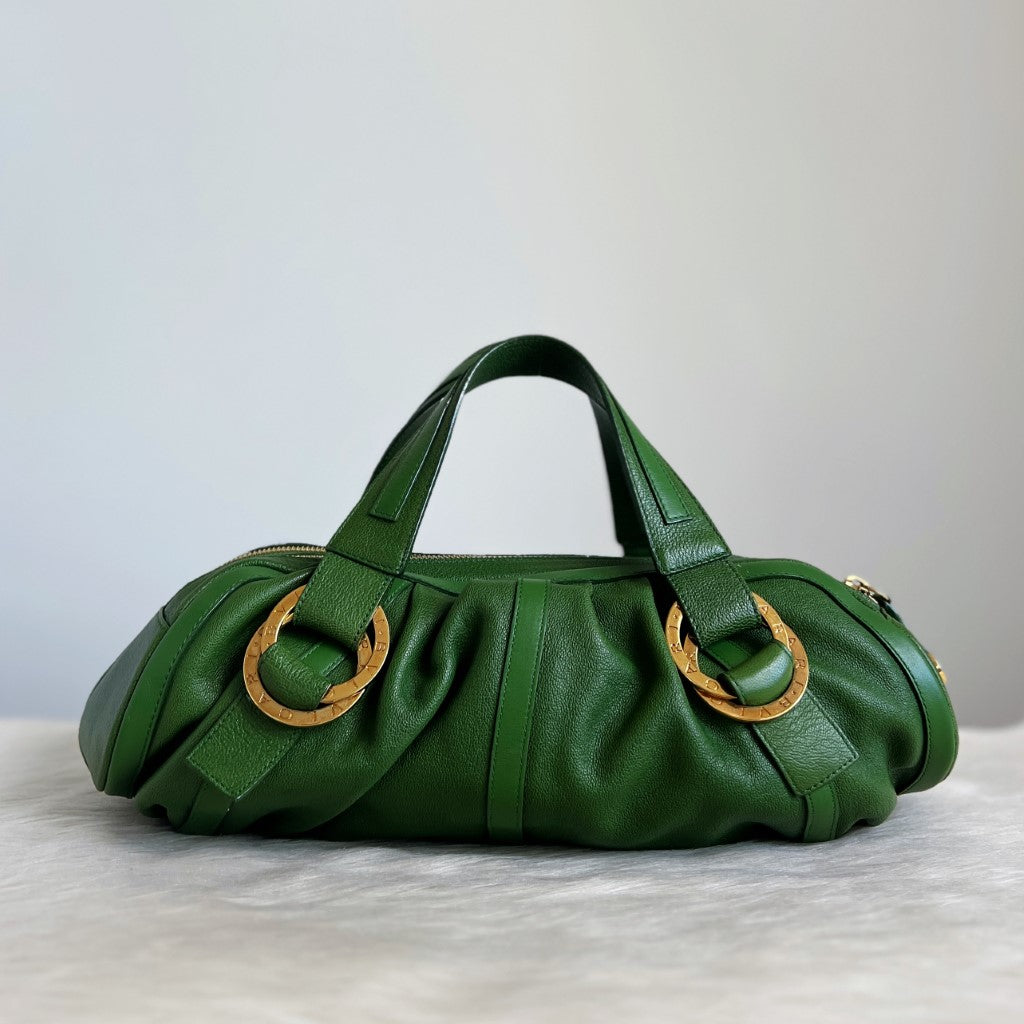 Bvlgari Green Leather Front Ring Triple Compartment Tote Bag