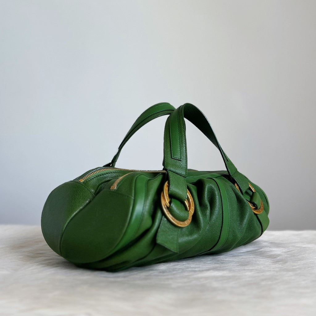 Bvlgari Green Leather Front Ring Triple Compartment Tote Bag