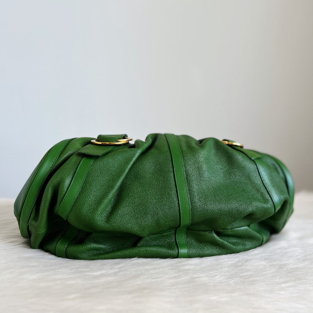 Bvlgari Green Leather Front Ring Triple Compartment Tote Bag