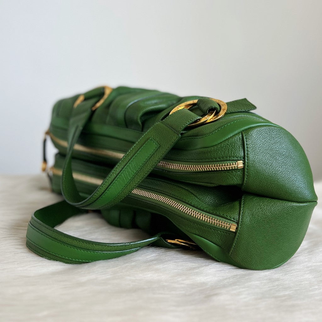 Bvlgari Green Leather Front Ring Triple Compartment Tote Bag