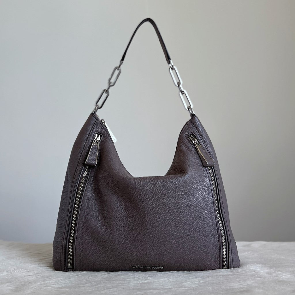 Michael Kors Taupe Leather Zip Detail Chain Detail Shoulder Bag