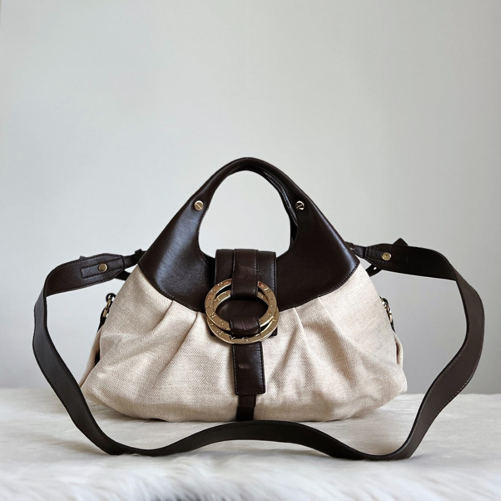 Bvlgari Chocolate Leather Trim Signature Ring Detail 2 Way Shoulder Bag